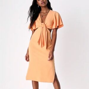 Lulu’s Summer Journey Light Orange Tie-Front Cutout Midi Dress